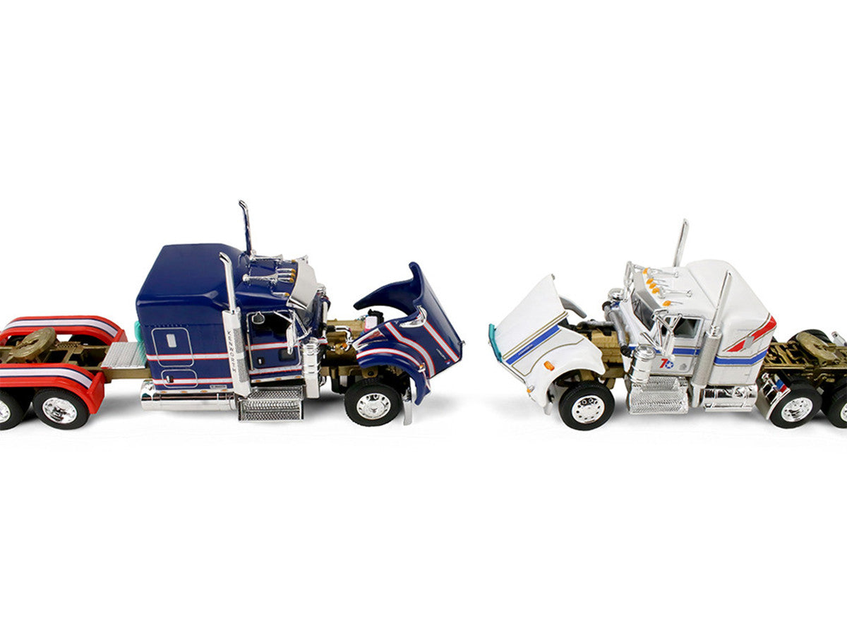Kenworth W900L with 72" Aerocab Flat Top Sleeper Blue with White Stripes and Fontaine Magnitude Lowboy Trailer with Kenworth W900A Load White with Blue and Red Stripes "America 250" 1/64 Diecast Model by DCP/First Gear LuxuryLifeWay Online Store