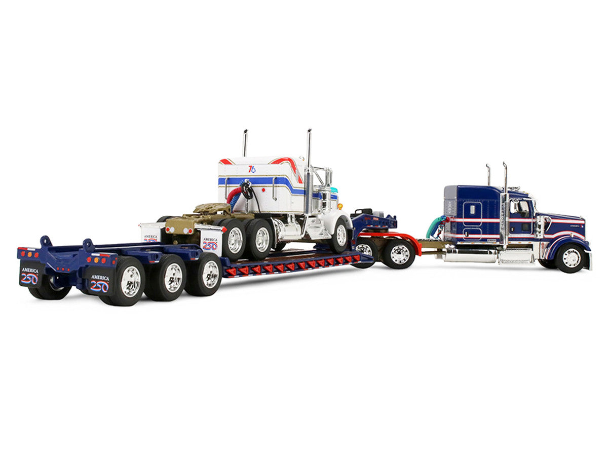 Kenworth W900L with 72" Aerocab Flat Top Sleeper Blue with White Stripes and Fontaine Magnitude Lowboy Trailer with Kenworth W900A Load White with Blue and Red Stripes "America 250" 1/64 Diecast Model by DCP/First Gear LuxuryLifeWay Online Store