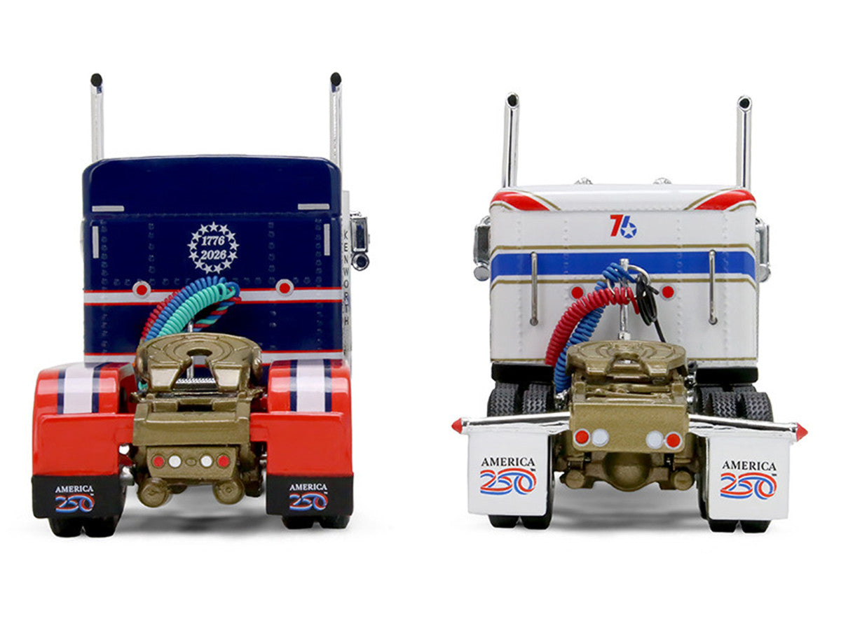 Kenworth W900L with 72" Aerocab Flat Top Sleeper Blue with White Stripes and Fontaine Magnitude Lowboy Trailer with Kenworth W900A Load White with Blue and Red Stripes "America 250" 1/64 Diecast Model by DCP/First Gear LuxuryLifeWay Online Store
