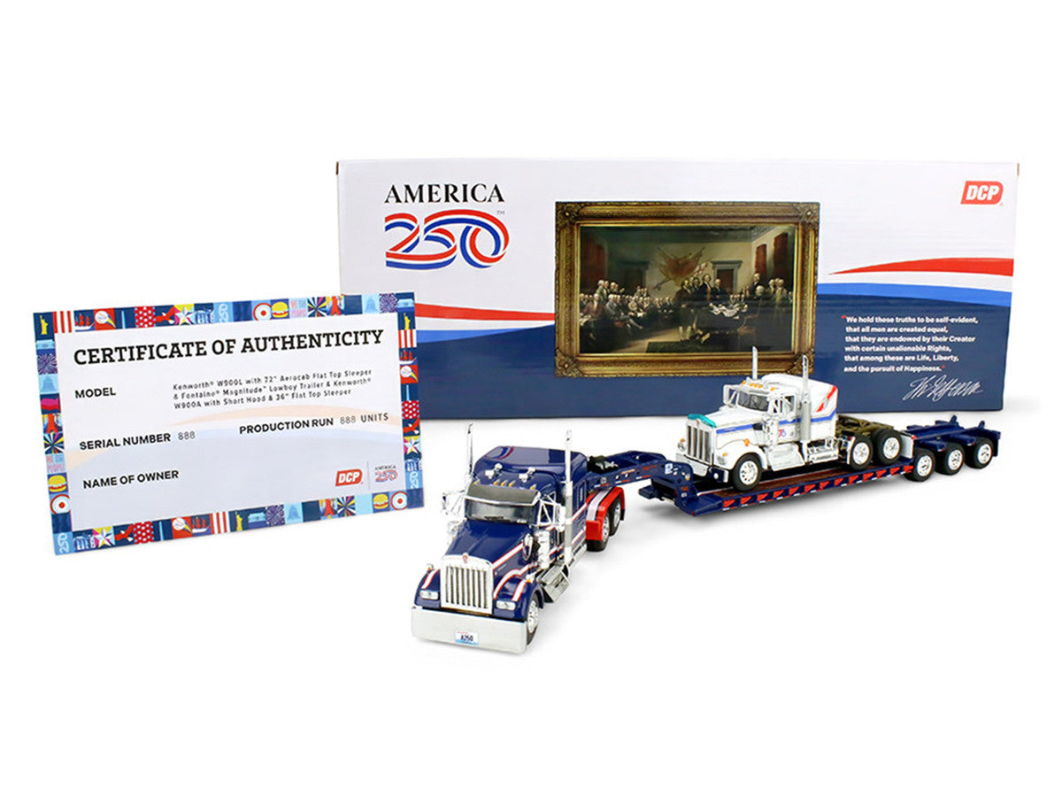 Kenworth W900L with 72" Aerocab Flat Top Sleeper Blue with White Stripes and Fontaine Magnitude Lowboy Trailer with Kenworth W900A Load White with Blue and Red Stripes "America 250" 1/64 Diecast Model by DCP/First Gear LuxuryLifeWay Online Store