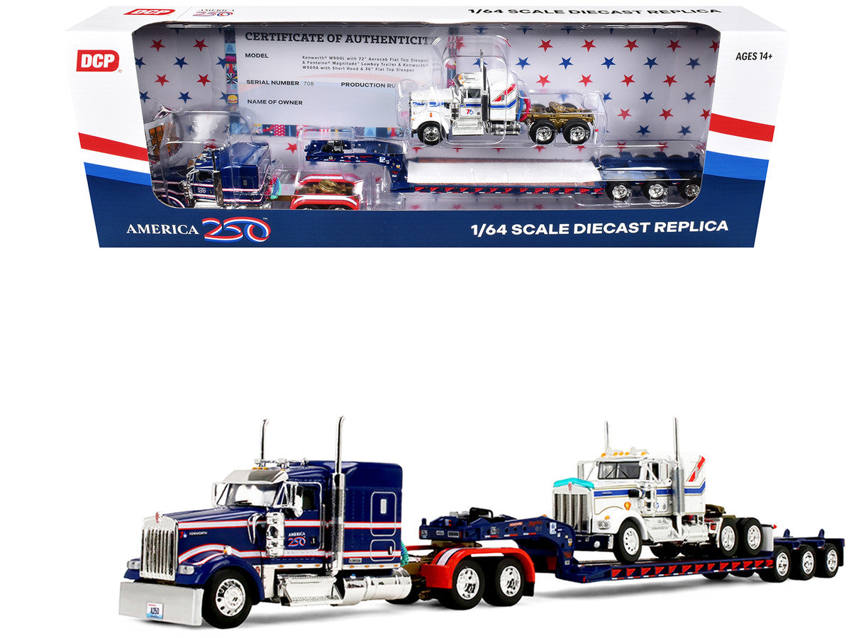 Kenworth W900L with 72" Aerocab Flat Top Sleeper Blue with White Stripes and Fontaine Magnitude Lowboy Trailer with Kenworth W900A Load White with Blue and Red Stripes "America 250" 1/64 Diecast Model by DCP/First Gear LuxuryLifeWay Online Store