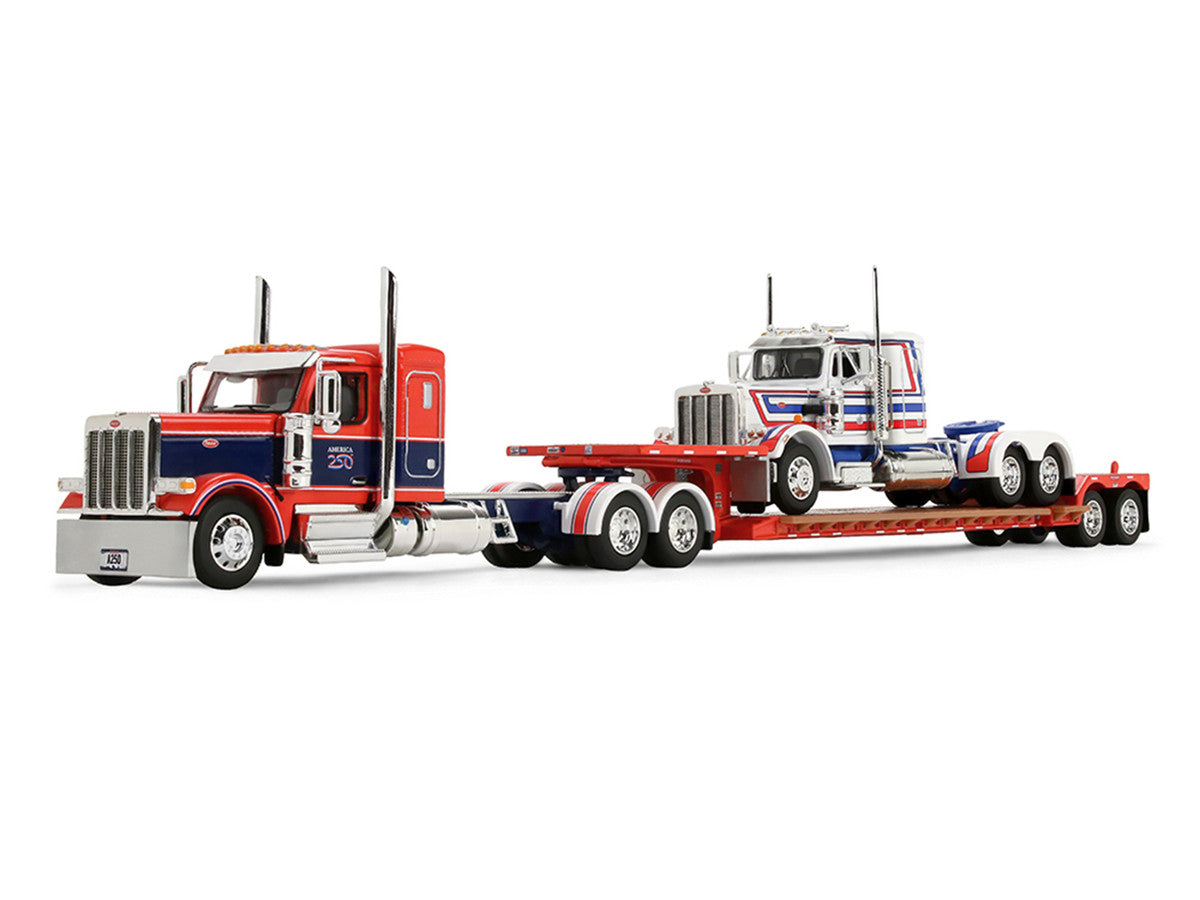 Peterbilt 589 with 44" Flat Top Sleeper Red with Blue Stripes and Fontaine Renegade LXT40 Lowboy Trailer with Peterbilt 359 Load White with Blue and Red Stripes "America 250" 1/64 Diecast Model by DCP/First Gear LuxuryLifeWay Online Store