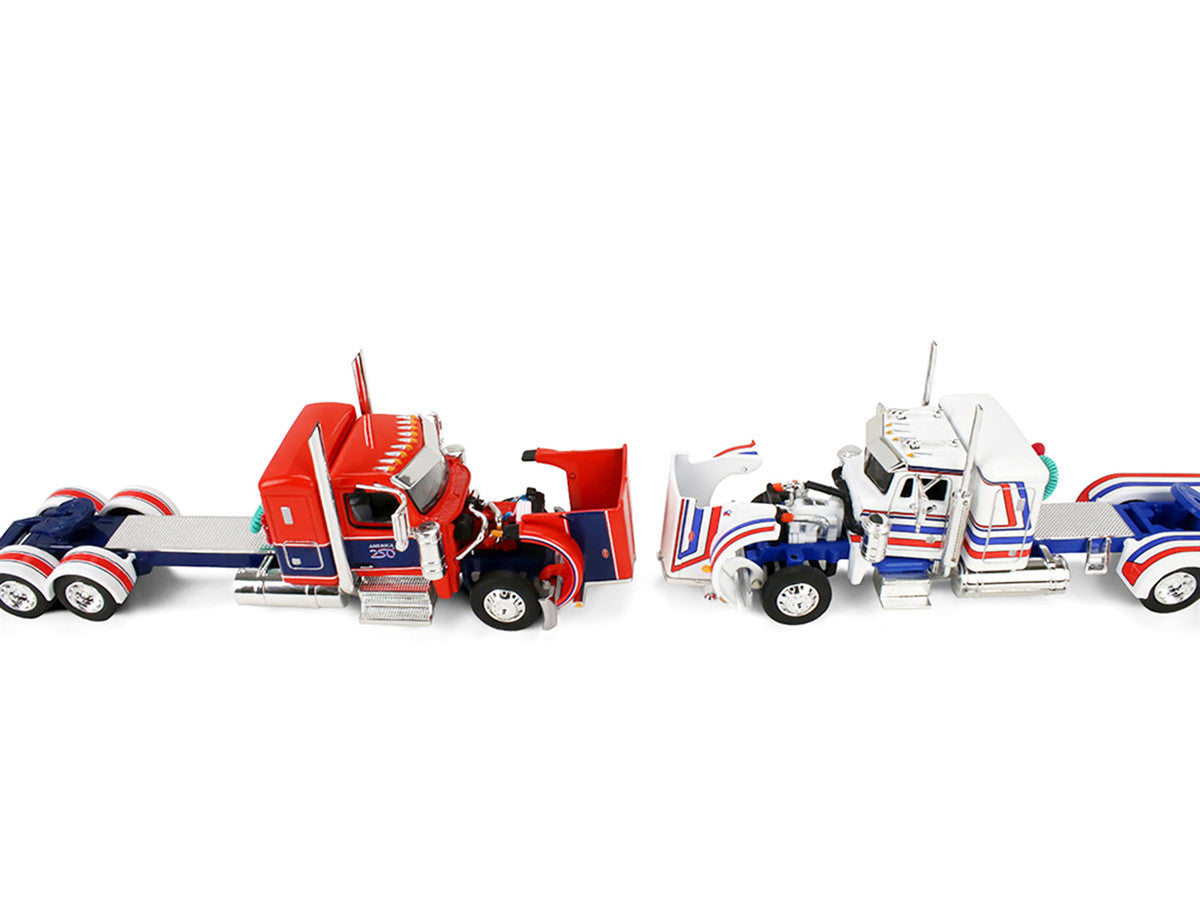 Peterbilt 589 with 44" Flat Top Sleeper Red with Blue Stripes and Fontaine Renegade LXT40 Lowboy Trailer with Peterbilt 359 Load White with Blue and Red Stripes "America 250" 1/64 Diecast Model by DCP/First Gear LuxuryLifeWay Online Store