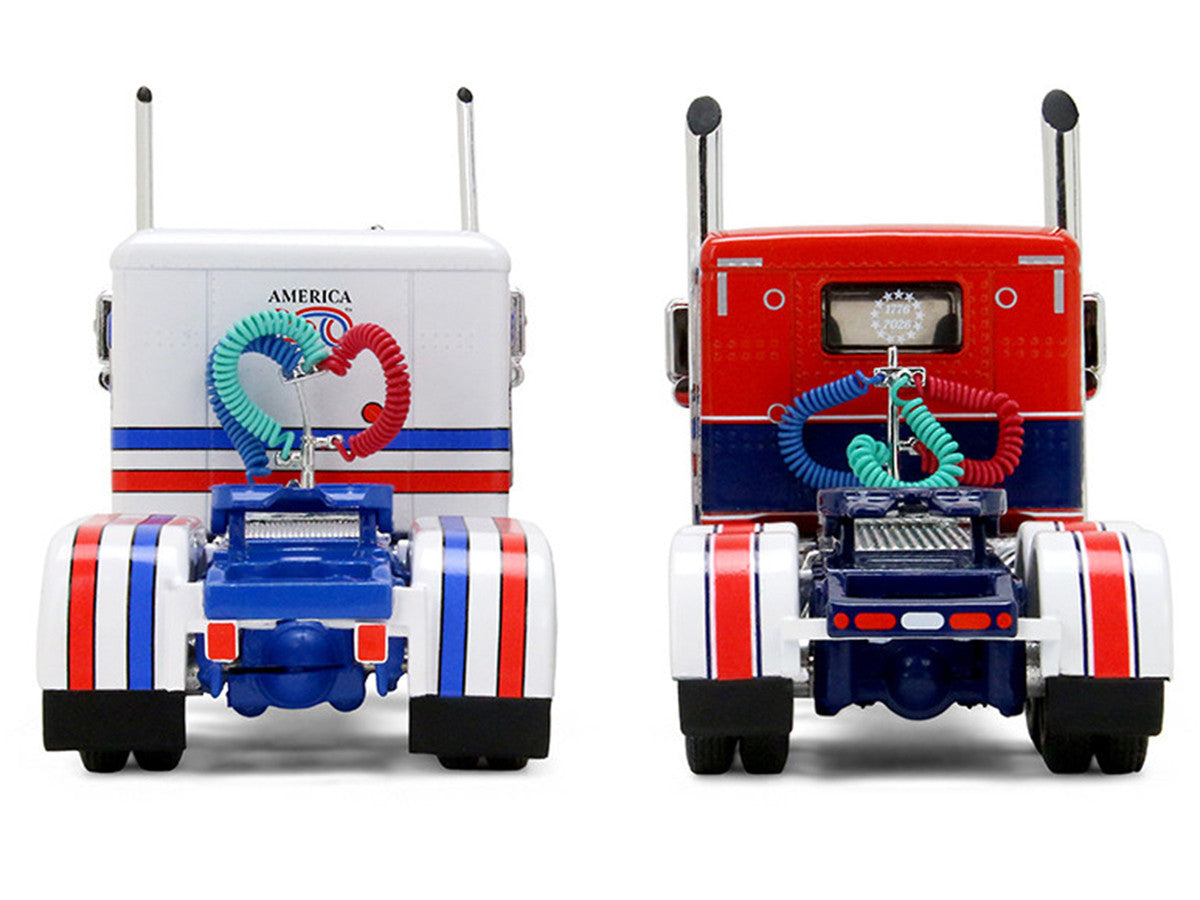 Peterbilt 589 with 44" Flat Top Sleeper Red with Blue Stripes and Fontaine Renegade LXT40 Lowboy Trailer with Peterbilt 359 Load White with Blue and Red Stripes "America 250" 1/64 Diecast Model by DCP/First Gear LuxuryLifeWay Online Store