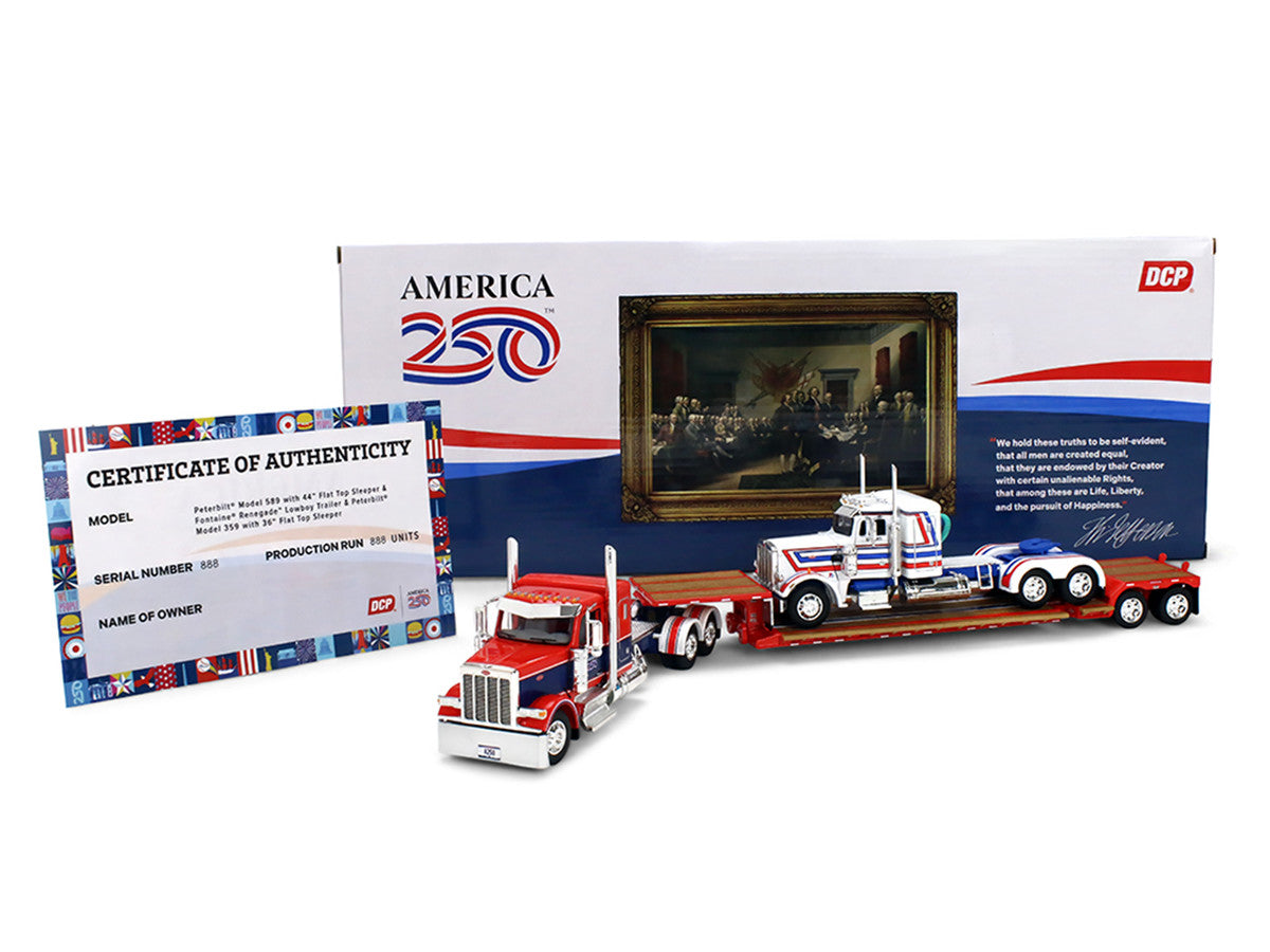 Peterbilt 589 with 44" Flat Top Sleeper Red with Blue Stripes and Fontaine Renegade LXT40 Lowboy Trailer with Peterbilt 359 Load White with Blue and Red Stripes "America 250" 1/64 Diecast Model by DCP/First Gear LuxuryLifeWay Online Store
