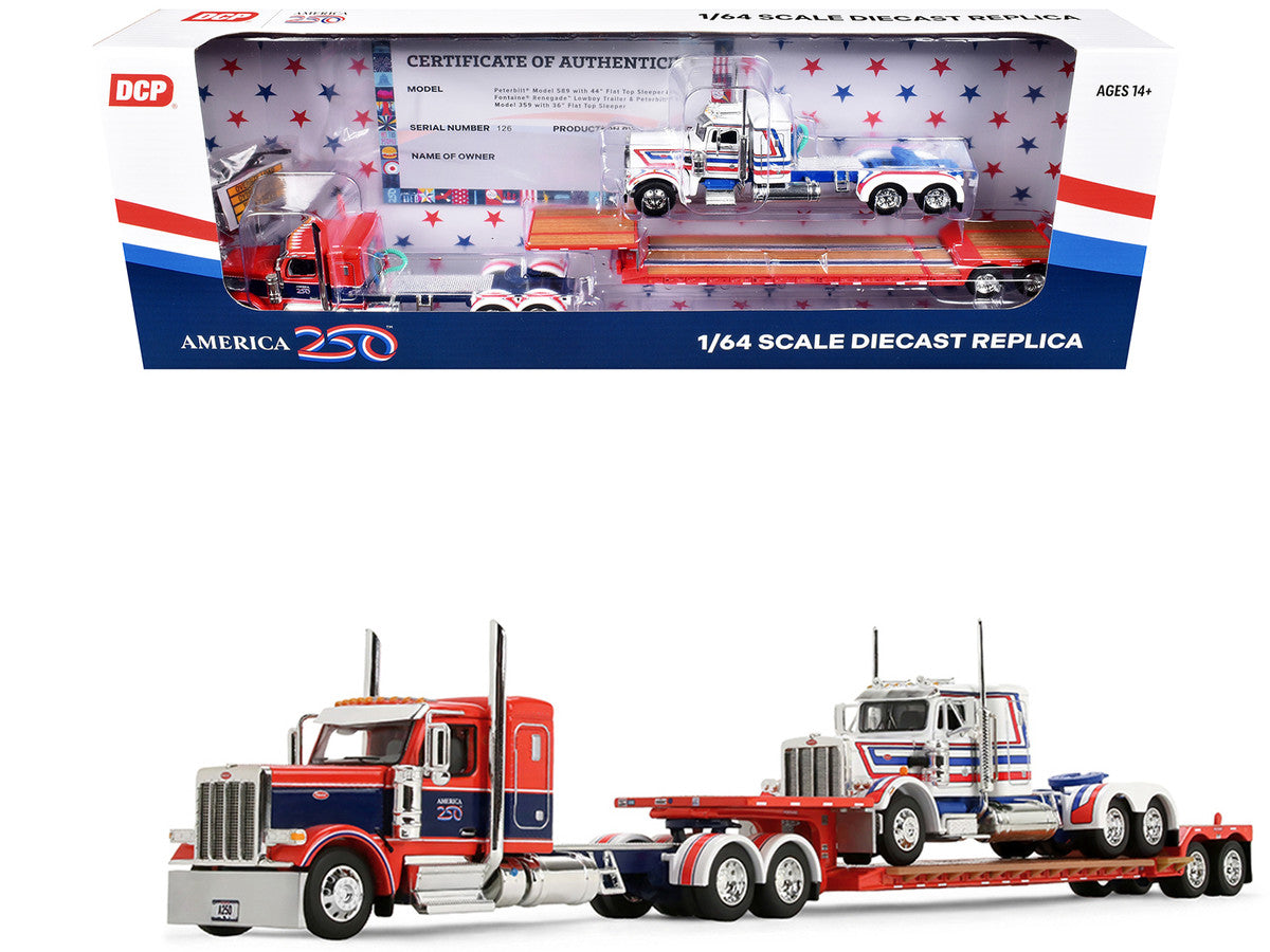 Peterbilt 589 with 44" Flat Top Sleeper Red with Blue Stripes and Fontaine Renegade LXT40 Lowboy Trailer with Peterbilt 359 Load White with Blue and Red Stripes "America 250" 1/64 Diecast Model by DCP/First Gear LuxuryLifeWay Online Store