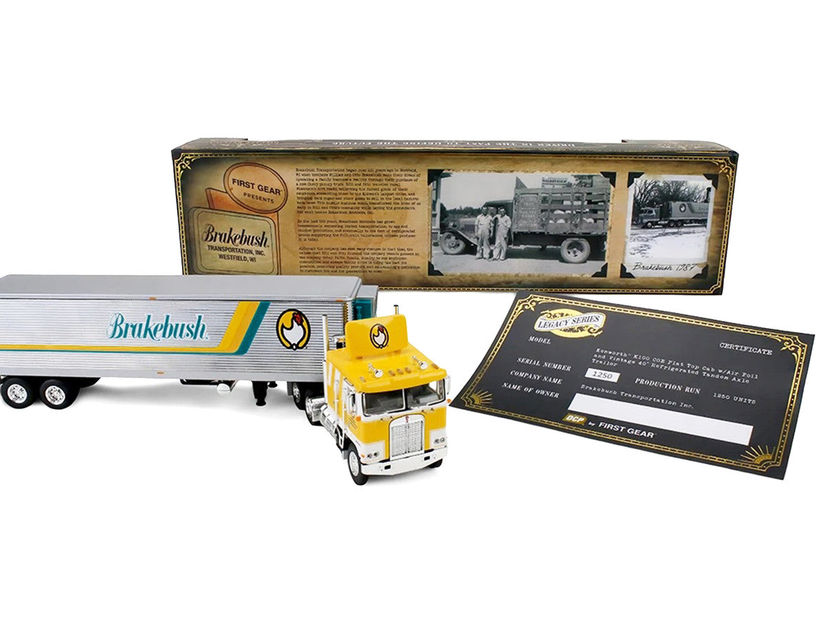 Kenworth K100 COE Flat Top and 40' Vintage Trailer with Reefer "Brakebush" Yellow with White Grpahics "Legacy Series #6" 1/64 Diecast Model by First Gear LuxuryLifeWay Online Store