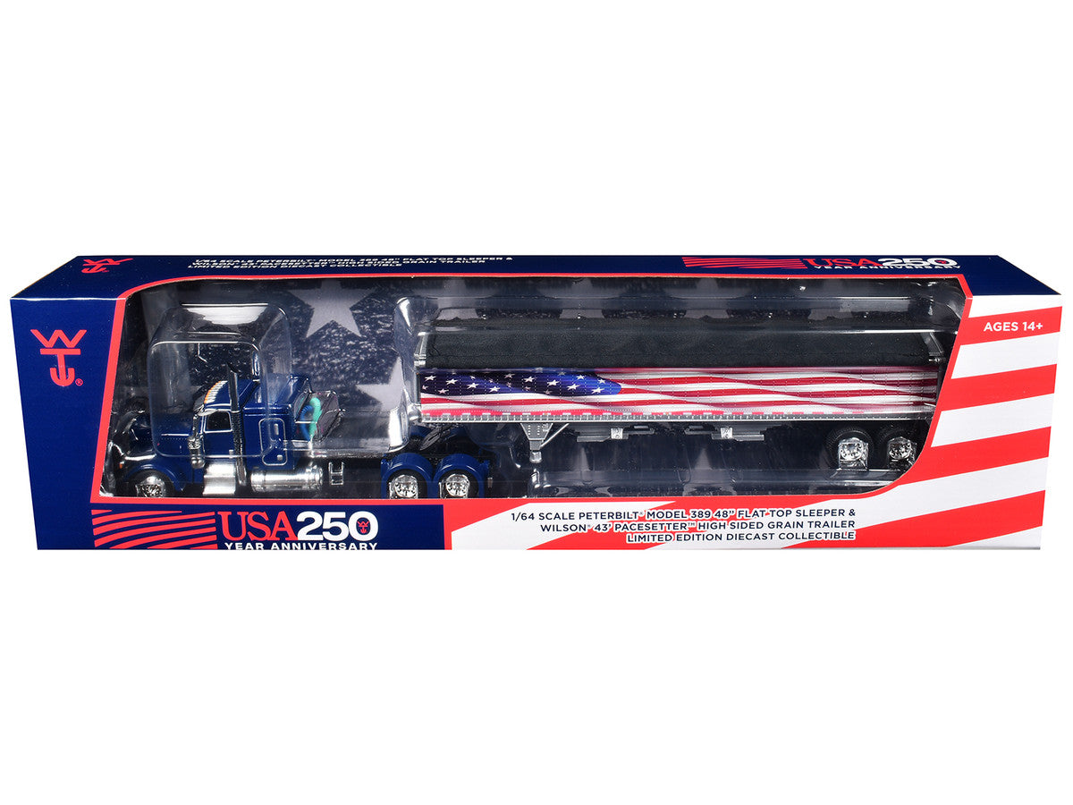 Peterbilt 389 with 48" Flat Top Sleeper and 43' Wilson Pacesetter High Side Grain Trailer "Wilson USA 250" Blue 1/64 Diecast Model by DCP/First Gear LuxuryLifeWay Online Store
