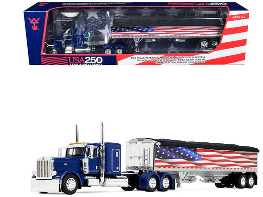 Peterbilt 389 with 48" Flat Top Sleeper and 43' Wilson Pacesetter High Side Grain Trailer "Wilson USA 250" Blue 1/64 Diecast Model by DCP/First Gear LuxuryLifeWay Online Store