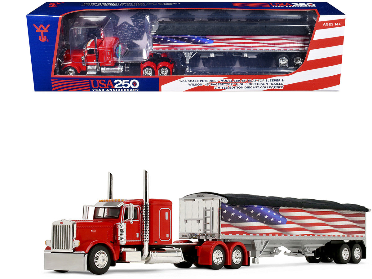 Peterbilt 389 with 48" Flat Top Sleeper and 43' Wilson Pacesetter High Side Grain Trailer "Wilson USA 250" Red 1/64 Diecast Model by DCP/First Gear LuxuryLifeWay Online Store
