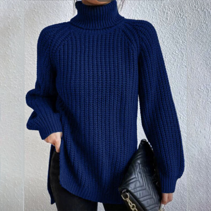 Turtleneck Pullover Sweater With Split Design Fashion Simple Solid Color Long Sleeve Tops Women's Clothing LadyShow.Store