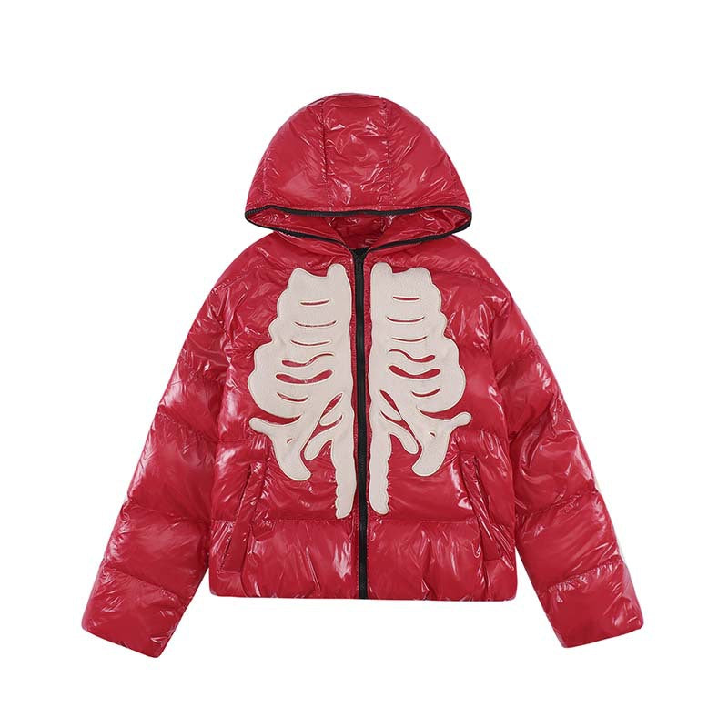 Street Retro Flocking Embroidery Skeleton Men's Hooded Cotton Jacket