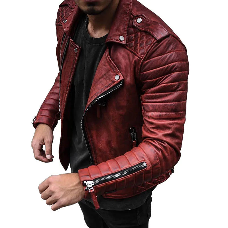 Men's Slim Fit Brown PU Leather Jacket with Lapel Pi-Mart