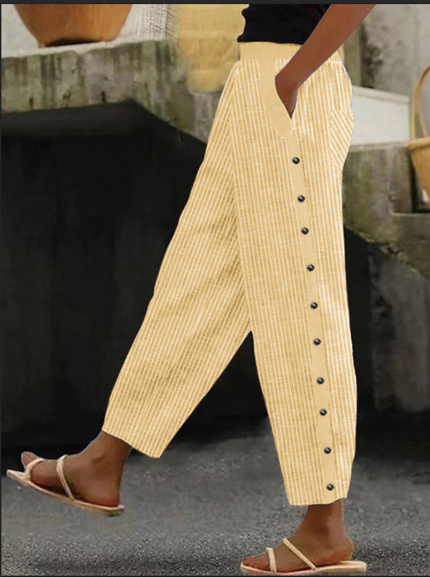 Printed Striped Button-binding Elastic Waist Cropped Pants NorixaFashion.com