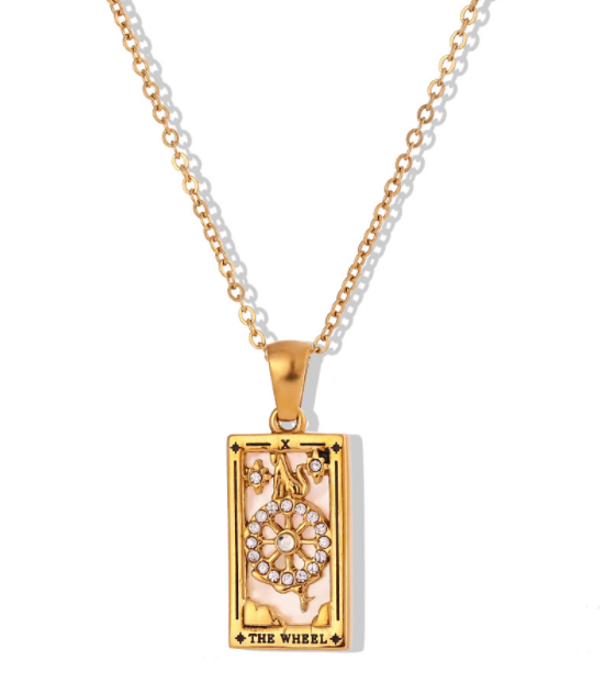 Fashion Tarot Necklace With Rhinestones Diamond Set Pendant Stainless Steel Rectangular Drip Necklace Jewelry CJD2