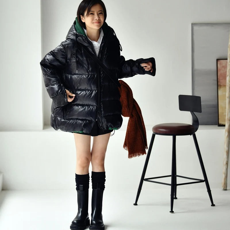 Contrast Stitching Fake Two-piece Loose And Thickened Bright Hooded Down Jacket Best YouTube Store
