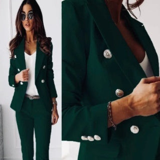 Casual Blazer Suit Slim Lapel Double-breasted Jacket And Zip-up Trousers Women's Clothing NorixaFashion.com