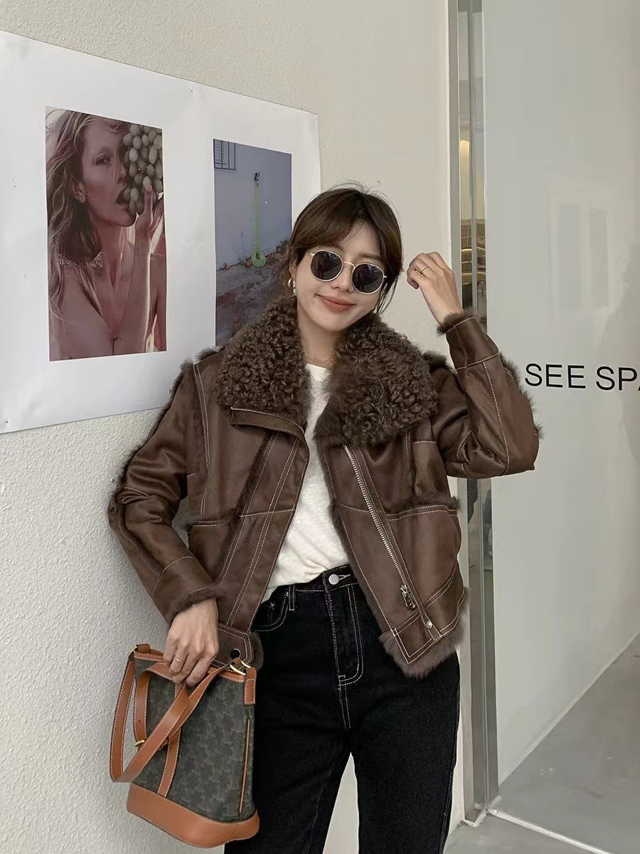 Women's Young Lamb Wool Short Stitching Coat Best YouTube Store