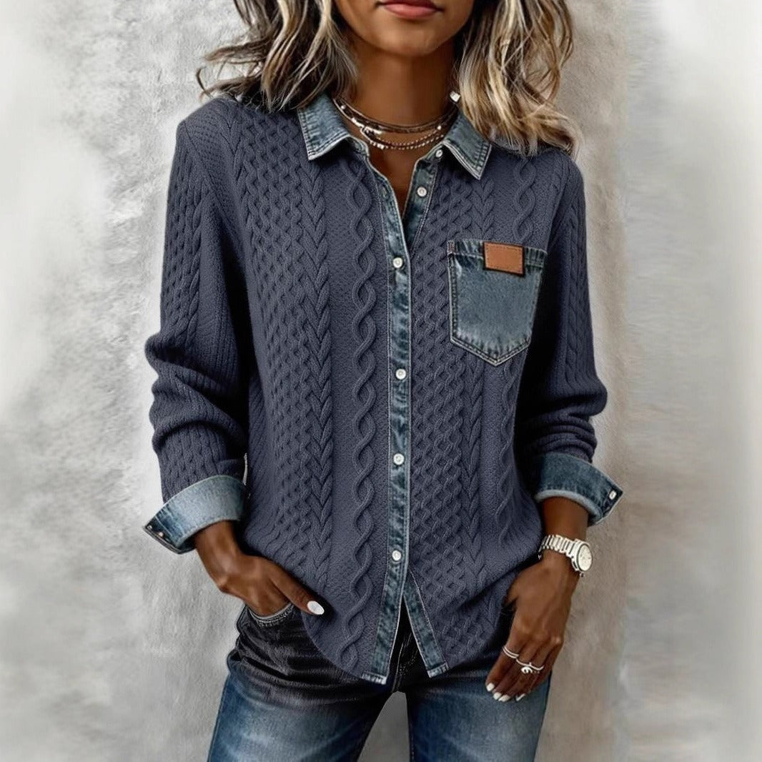 Women's Fashion Knit-and-jean Patchwork Shirt For Fall And Winter LadyShow.Store