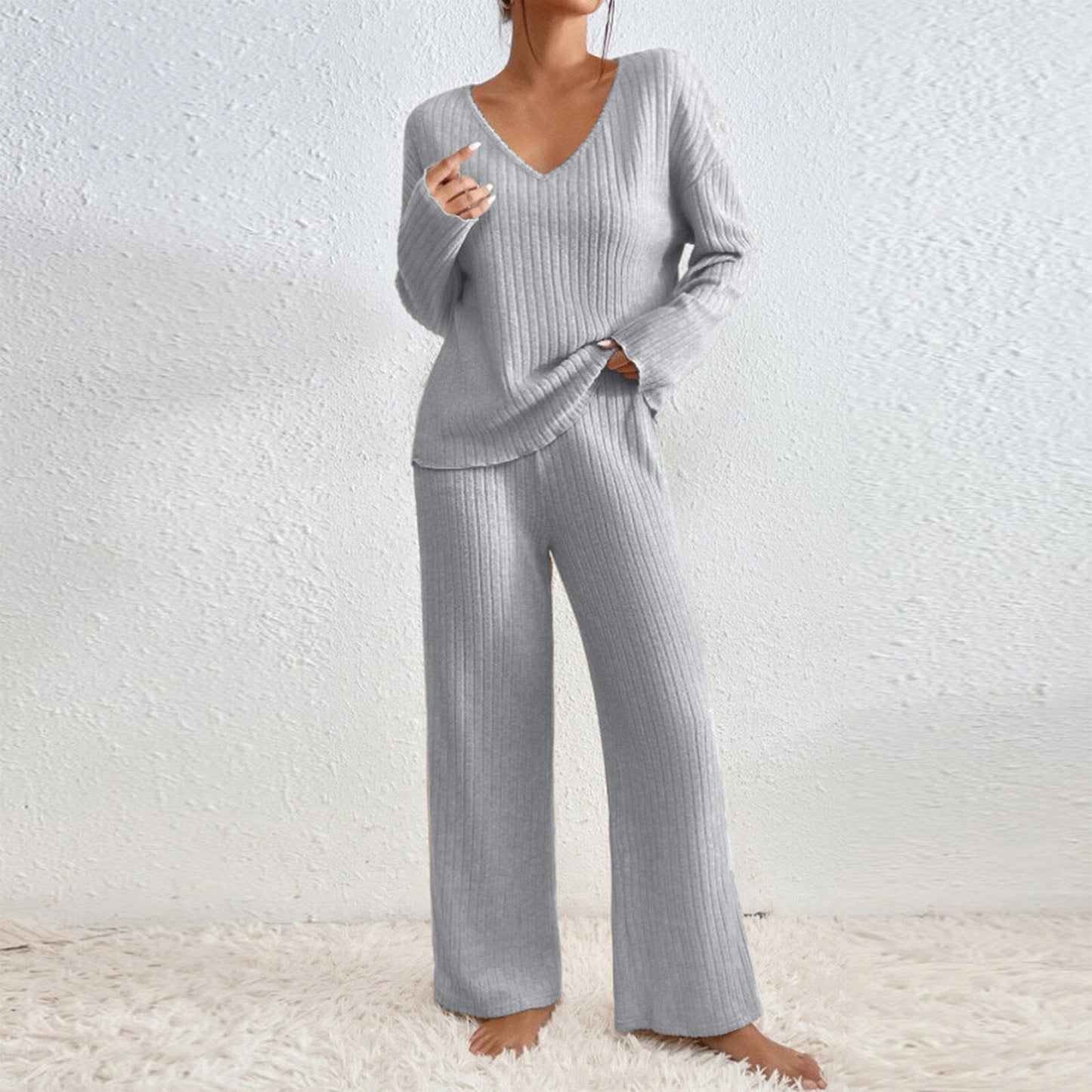 Long Sleeve V-neck Knitted Sunken Stripe Brushed Loose Leisure Suit LadyShow.Store