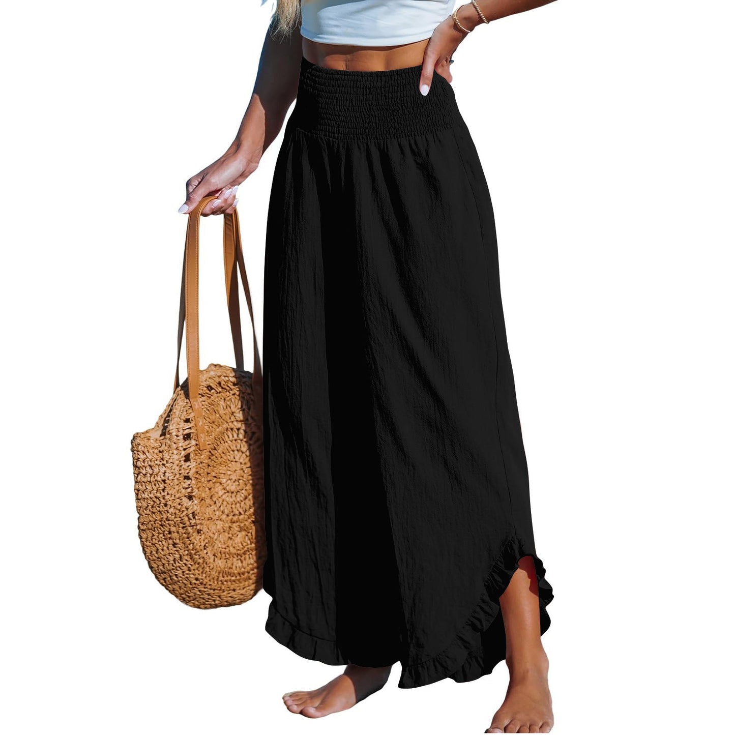 Pleated Asymmetrical Hem Cotton-linen Loose-fit Casual Pants NorixaFashion.com