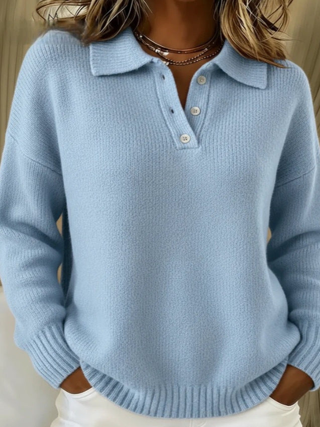 Loose And Soft Women's Lapel Long Sleeve Button Sweater LadyShow.Store