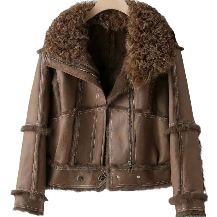 Women's Young Lamb Wool Short Stitching Coat Best YouTube Store