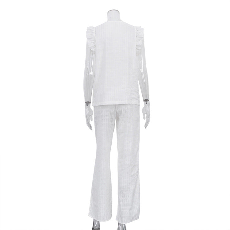 Cotton V-neck Flutter Sleeve Top And Trousers Loose Two-piece Casual Set NorixaFashion.com