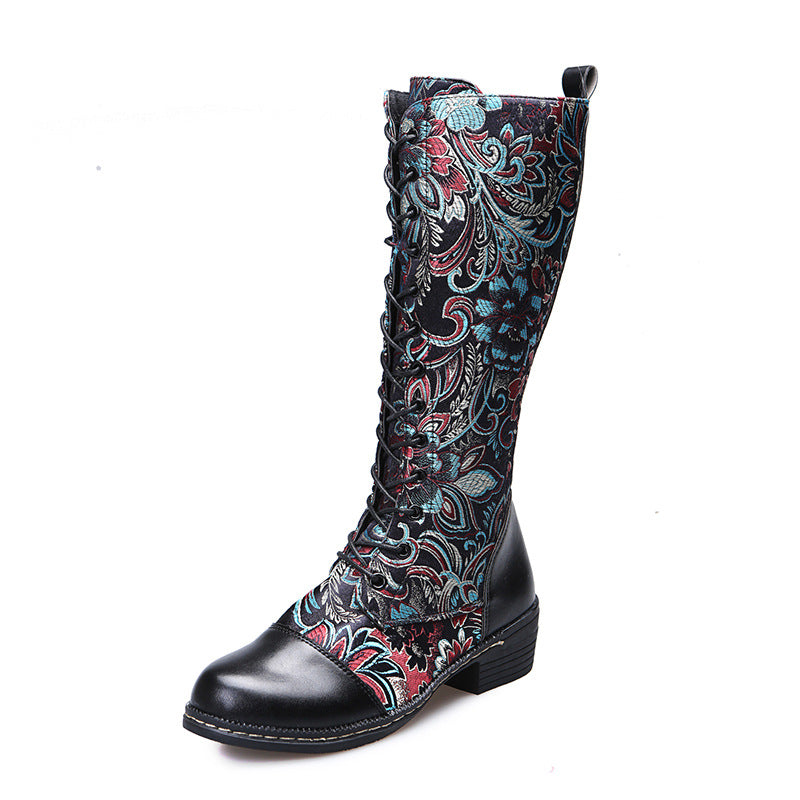 Flowers Print Long Boots WInter Retro Ethnic Style Shoes Lace-up Heeled Boots Women LadyShow.Store