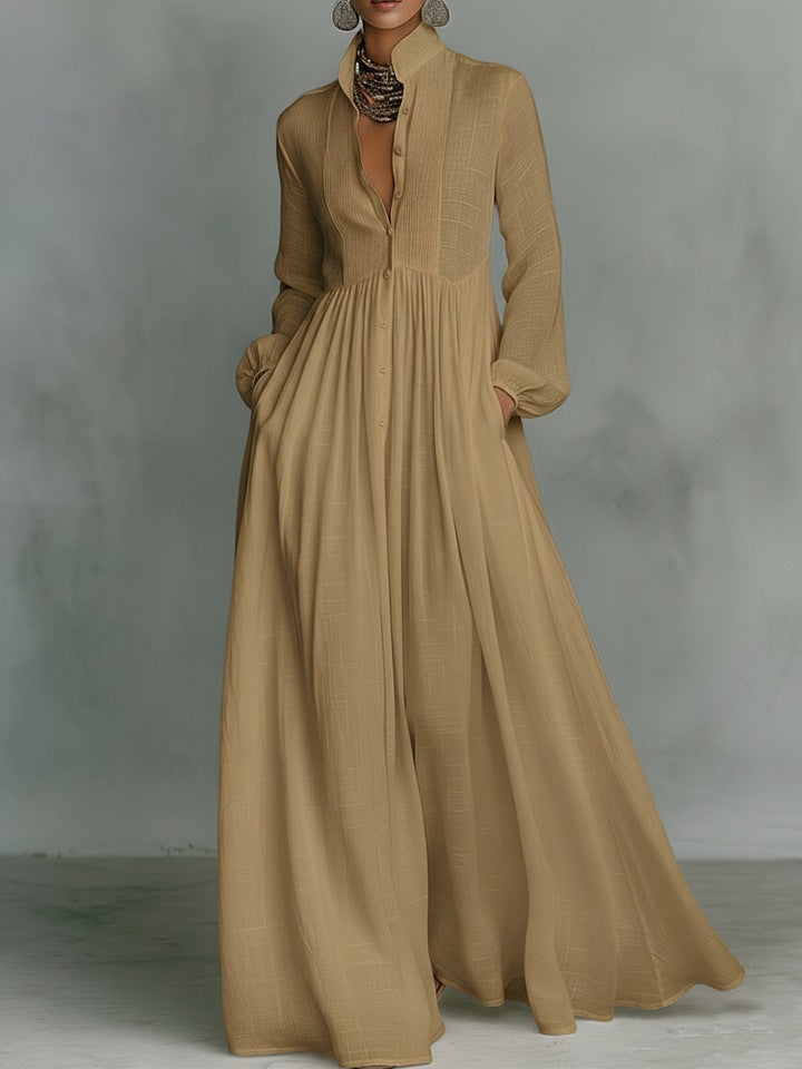 Elegant Stand Collar Button Down Maxi Dress - Long Sleeve Pleated Flowy Gown With Pockets NorixaFashion.com