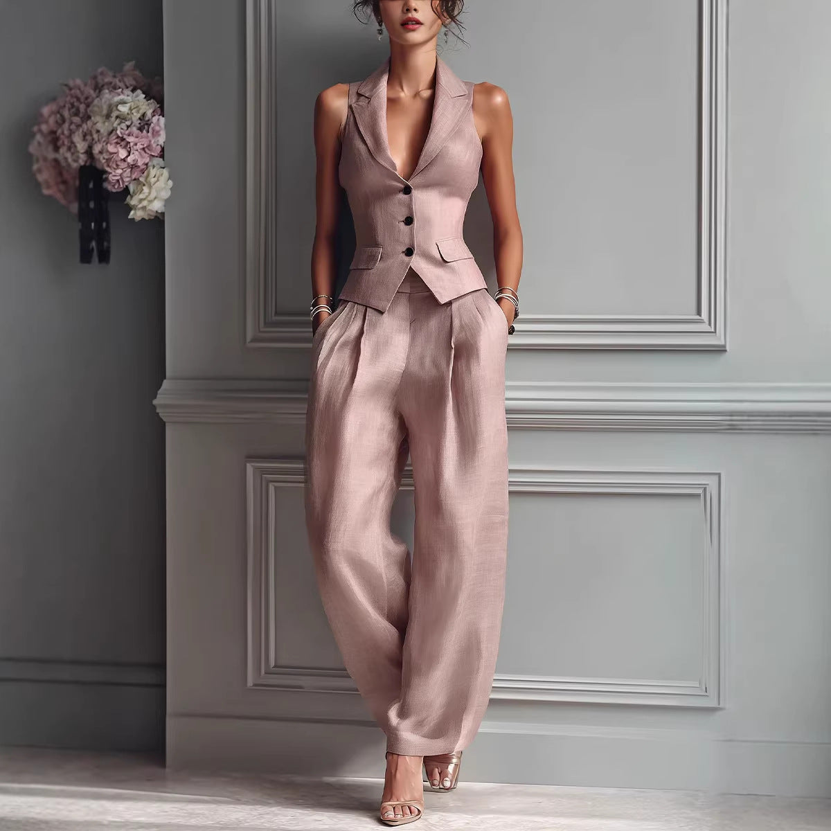 Summer Sleeveless Suit Casual Single-breasted Vest And Casual Pants Set NorixaFashion.com