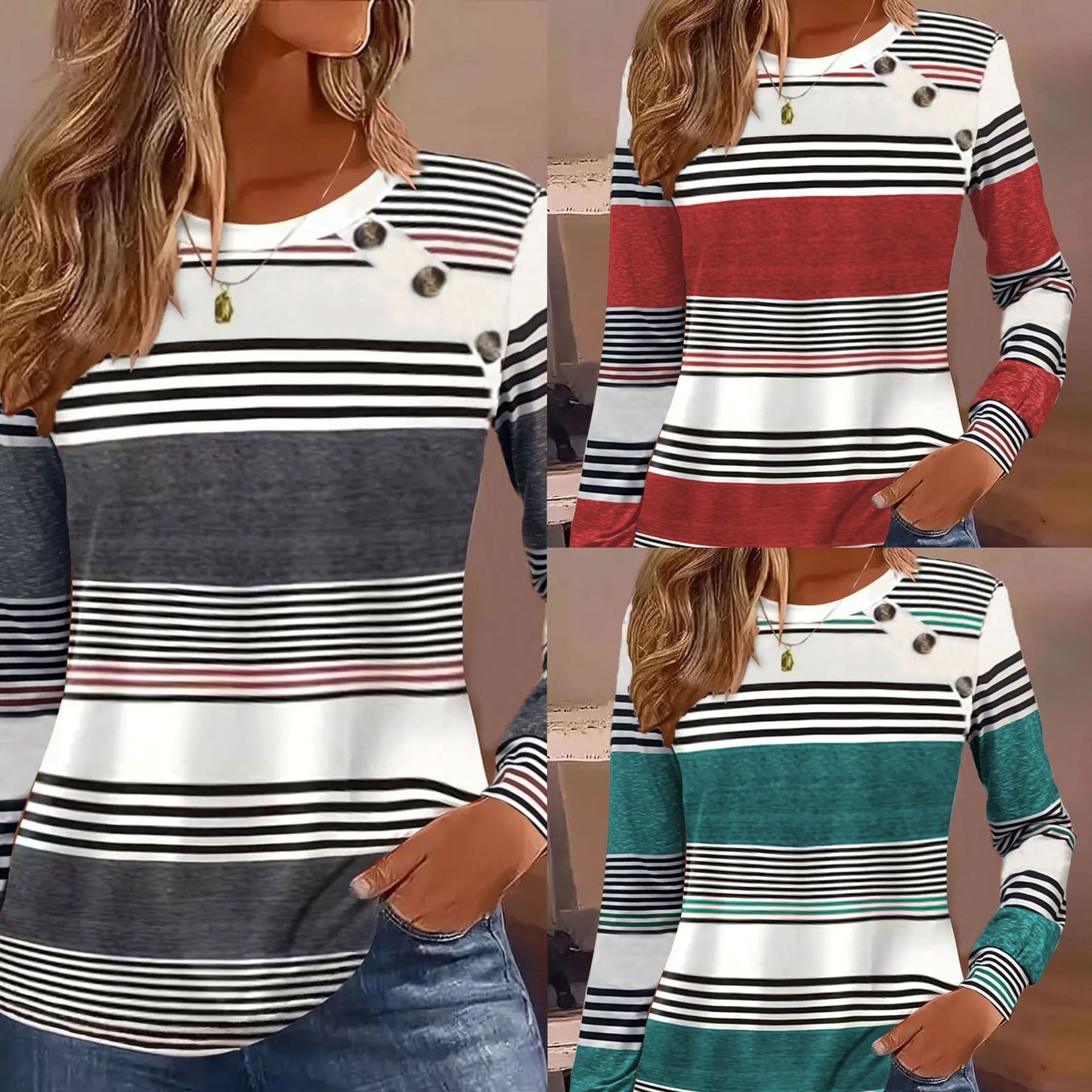 Casual Button Striped Long Sleeve Women's T-shirt Best YouTube Store