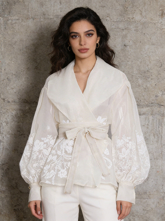 Floral Embroidery Wrap Belted Bishop Sleeve Blouse NorixaFashion.com