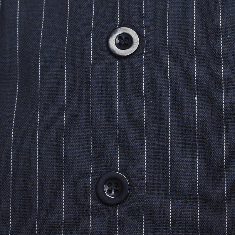 Navy Pinstripe Halter V Neck Button Front Wide Leg Jumpsuit NorixaFashion.com