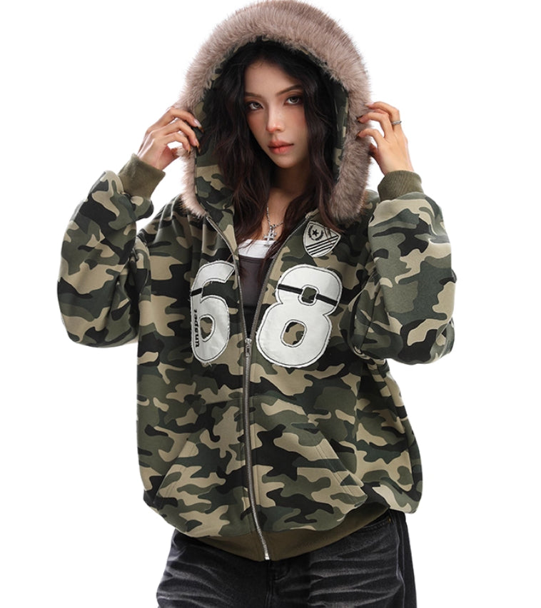 Camouflage Fur Collar Hooded Sweater Best YouTube Store