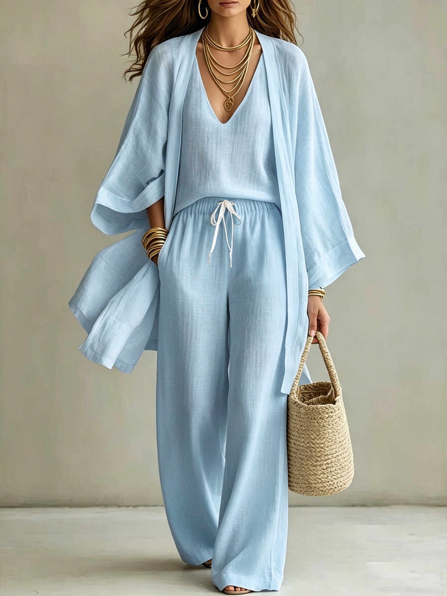 Womens Casual Three-piece Set Nine-quarter-sleeve Cardigan Sleeveless Vest And Long Pants NorixaFashion.com