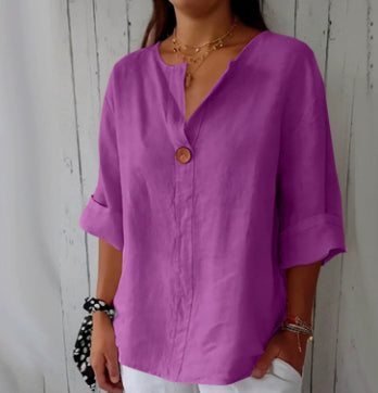 V-neck Long-sleeved T-shirt Fashion Loose Cotton And Linen Button Tops For Women NorixaFashion.com