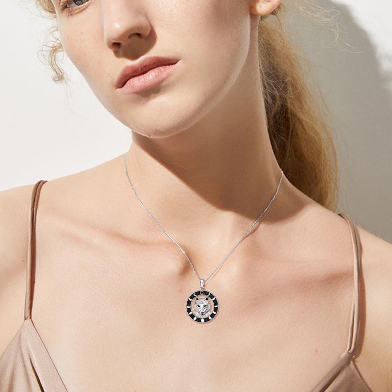 Wolf Pendant Necklace 925 Sterling Silver Moon Phase LadyShow.Store