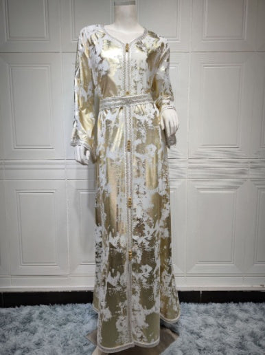 Muslim Bronzing Robe Women's Two Piece Belted Dress LadyShow.Store