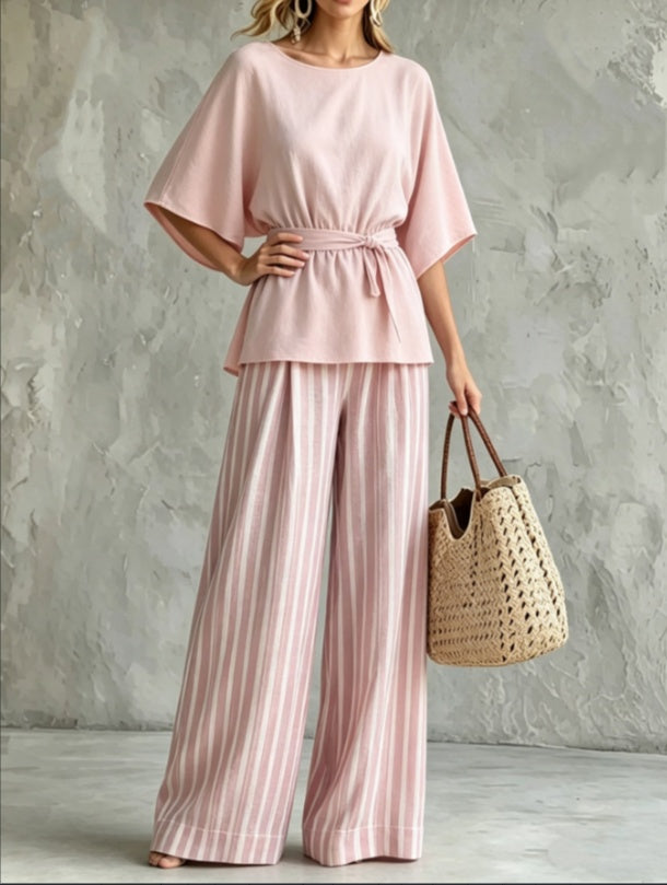 2026 Gentle Wind Waist Top And Wide Leg Pants Set NorixaFashion.com