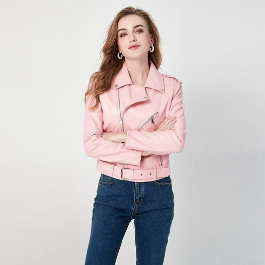 Women's Fashion Diagonal Zipper Slim Fit Washed Motorcycle Jacket LadyShow.Store