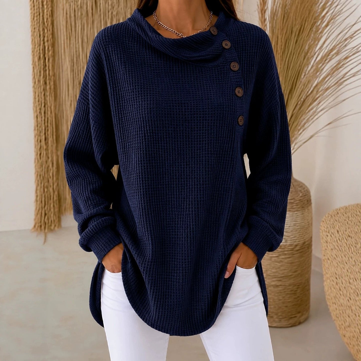 Womens Solid-Color Waffle-Weave Long-Sleeve Button-Up Casual Shirt Comfortable Top NorixaFashion.com