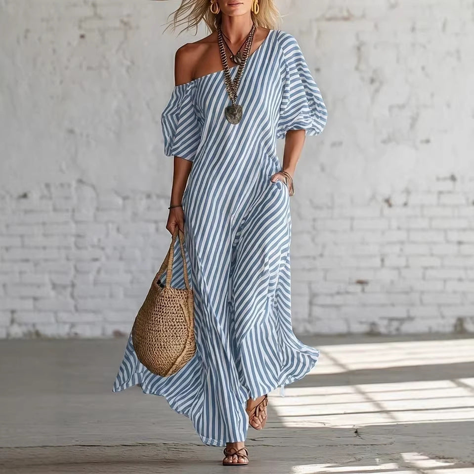 Womens Striped Off-shoulder Dress LadyShow.Store