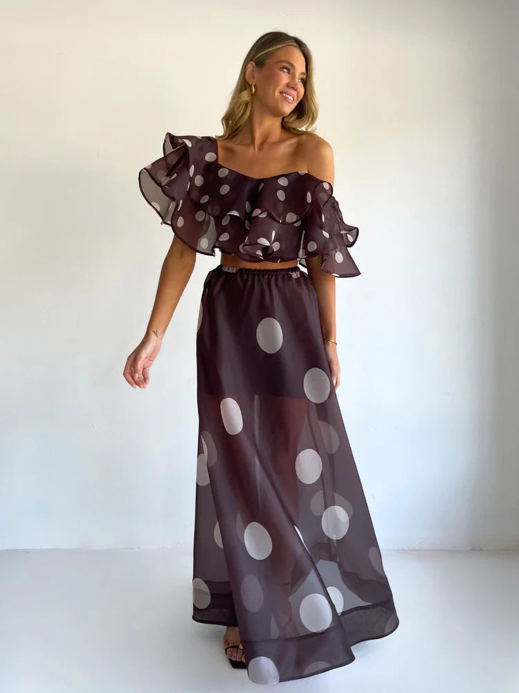 Sexy Strapless Irregular Print Ruffled Fashion Suit Long Dress NorixaFashion.com