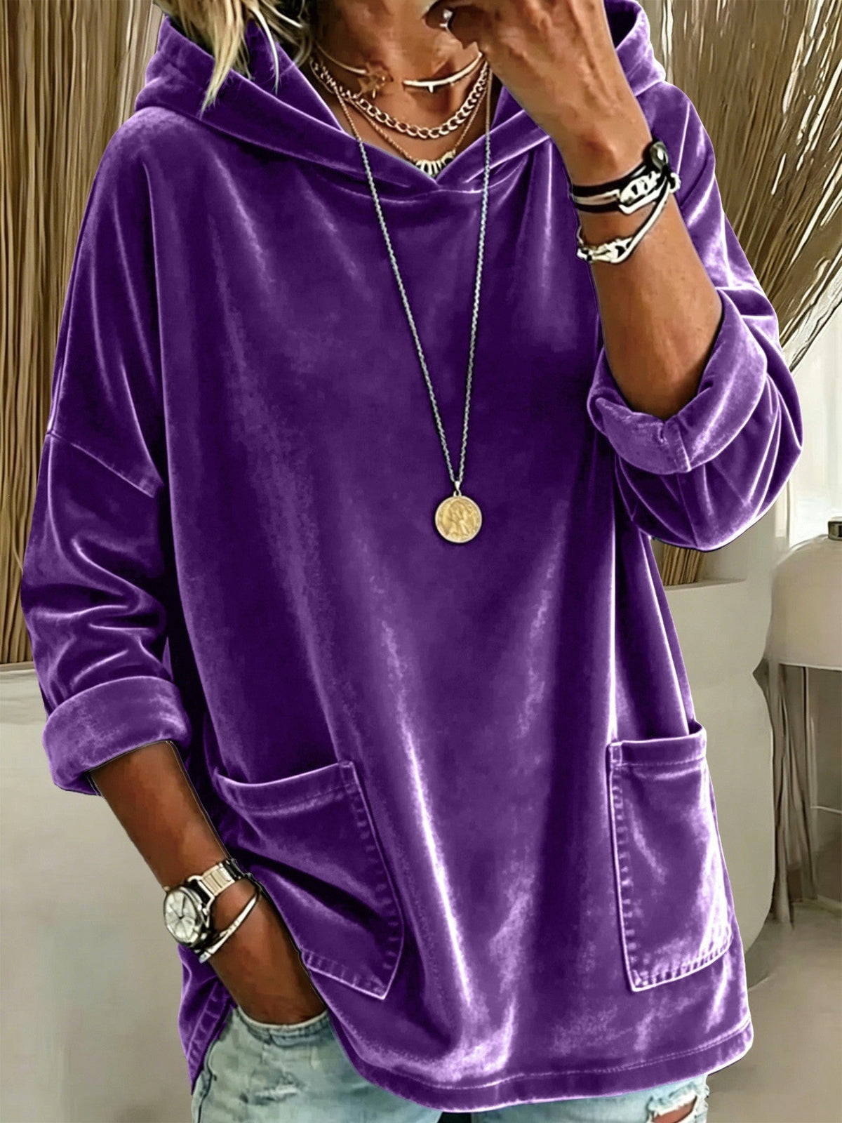 2026 New European & American Casual Solid Color Fleece Hoodie, Women Loose Long Sleeve Pullover Sweatshirt NorixaFashion.com