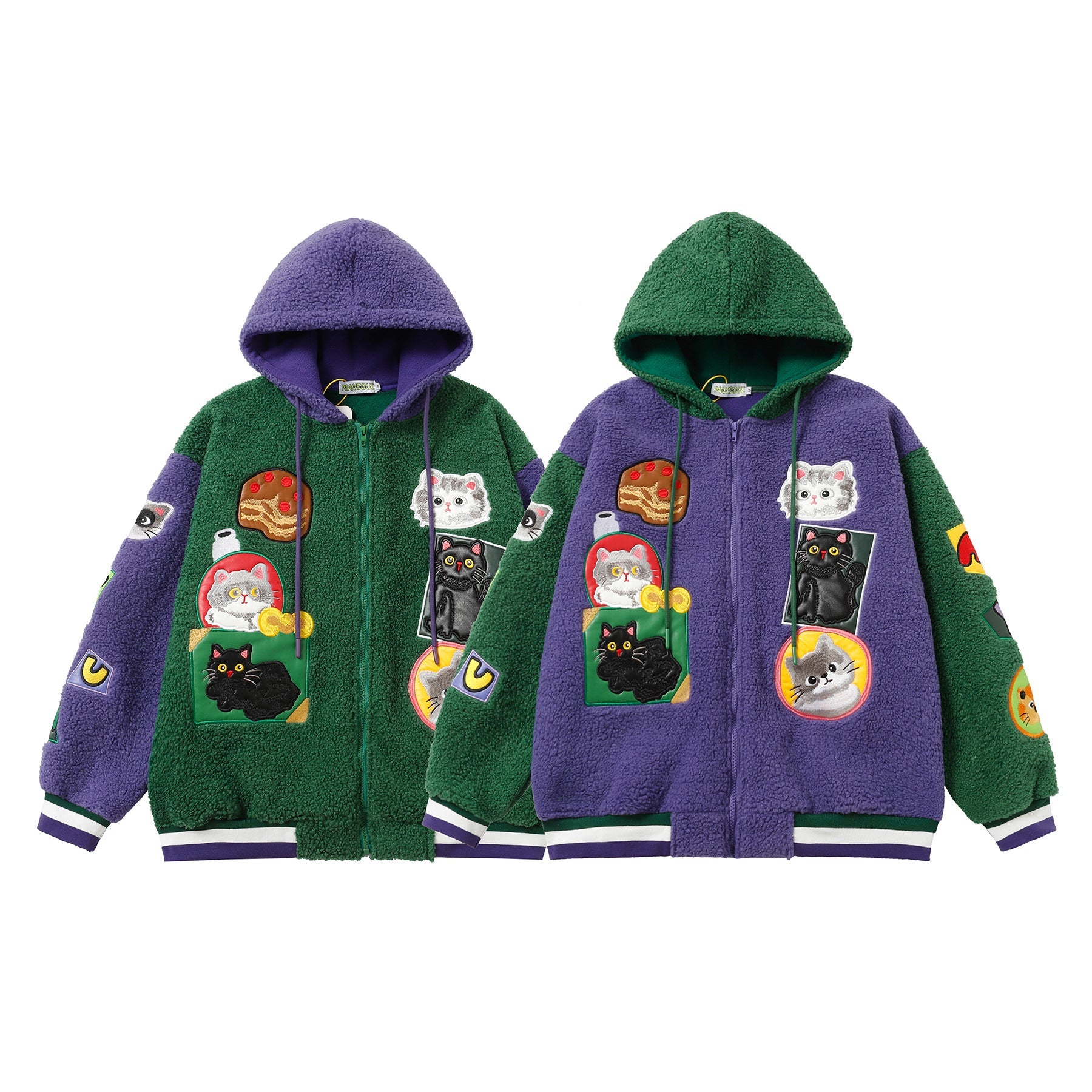 Lamb Wool Stitching Contrast Color Cartoon Cloth Embroidered Cotton-padded Coat Best YouTube Store