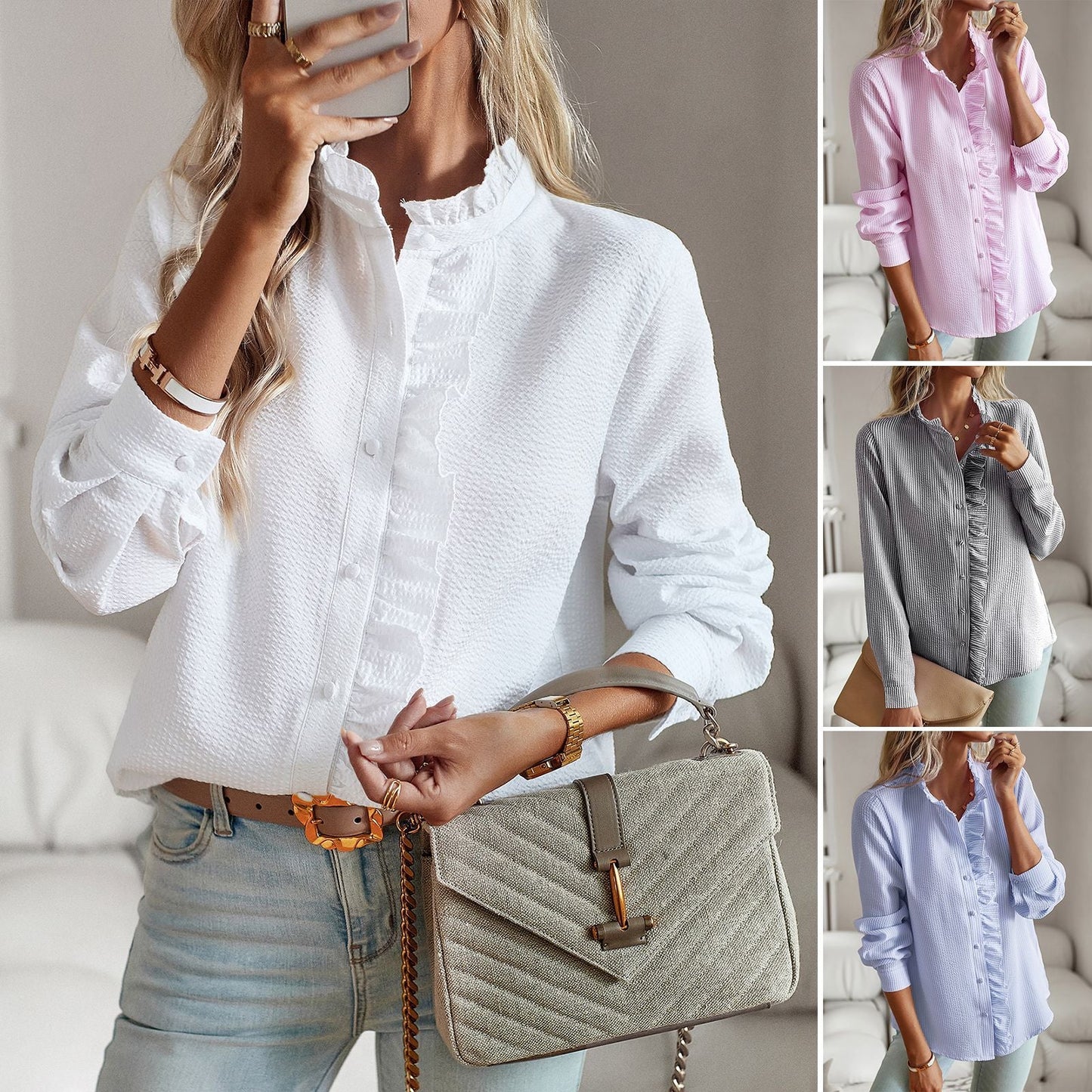 Striped Long Sleeve Shirt Fashion Ruffle Design Button Up Tops Casual Office Blouse Elegant Commuting Women's Clothing NorixaFashion.com
