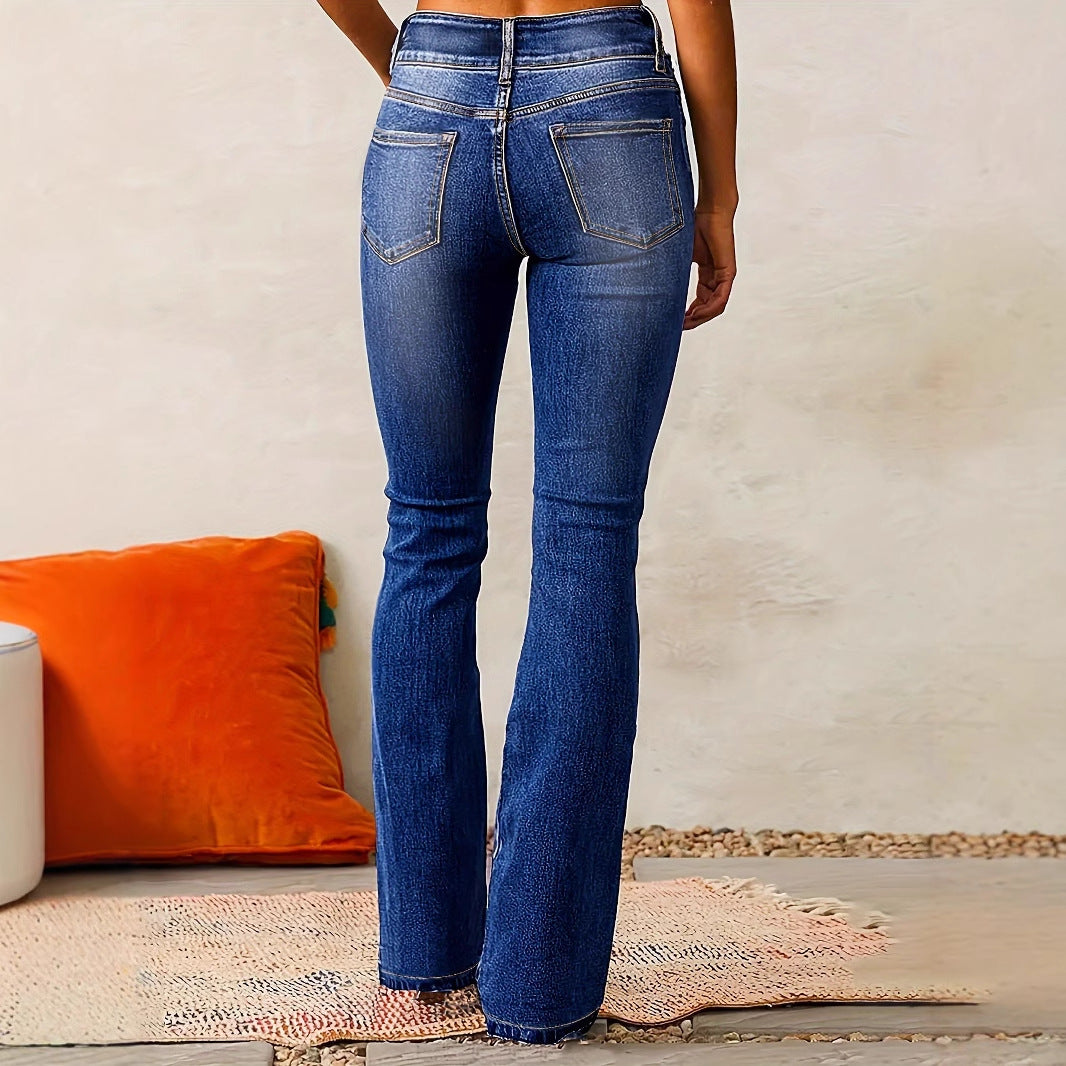 Skinny Flared Jeans With Pockets Fashion Button Zipper Trousers Women's Slim Denim Pants LadyShow.Store