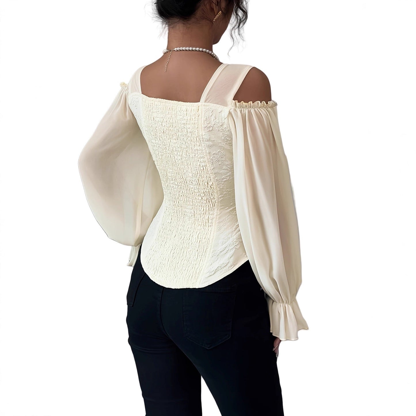 Elegant Off-Shoulder Floral Jacquard Blouse For Women LadyShow.Store