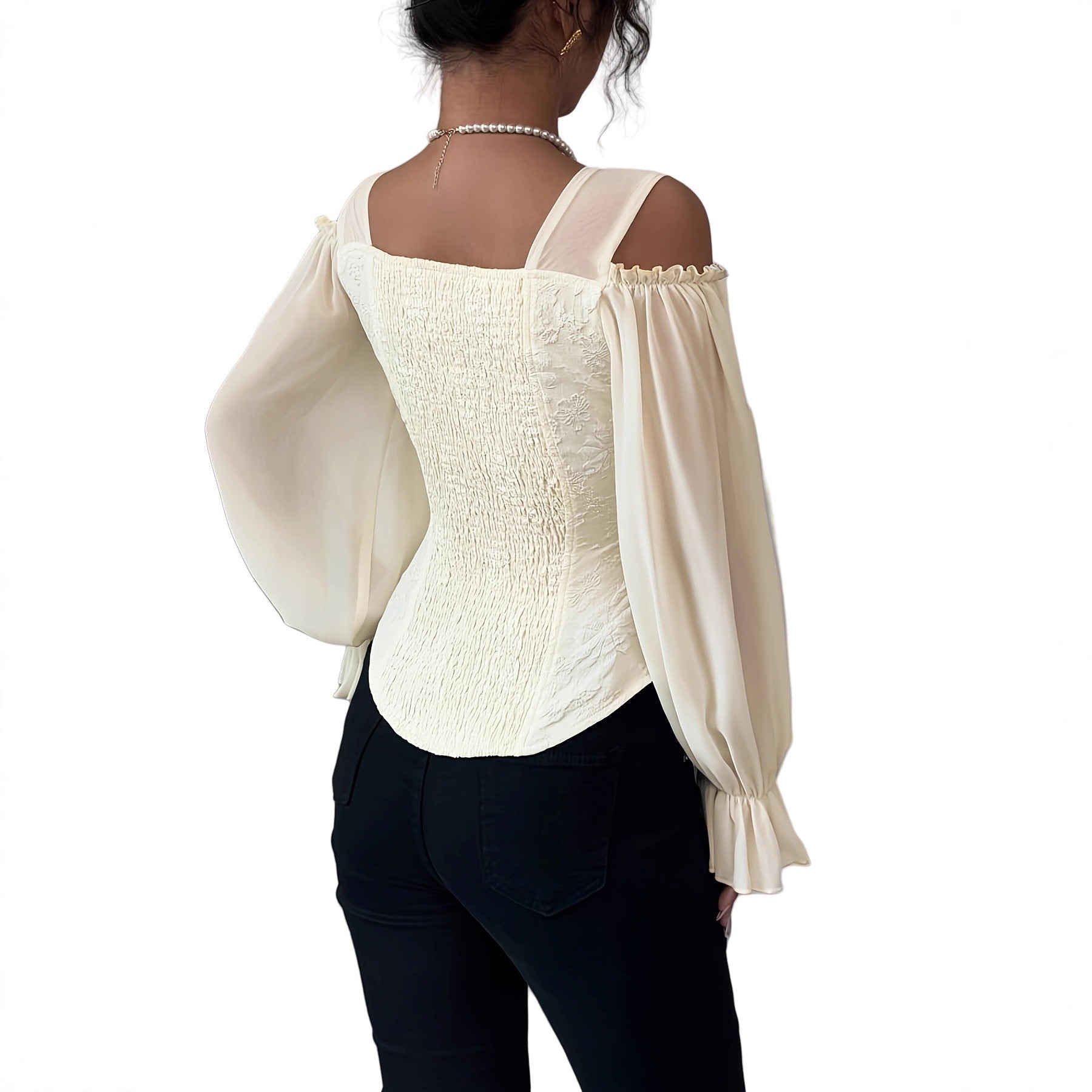 Elegant Off-Shoulder Floral Jacquard Blouse For Women LadyShow.Store
